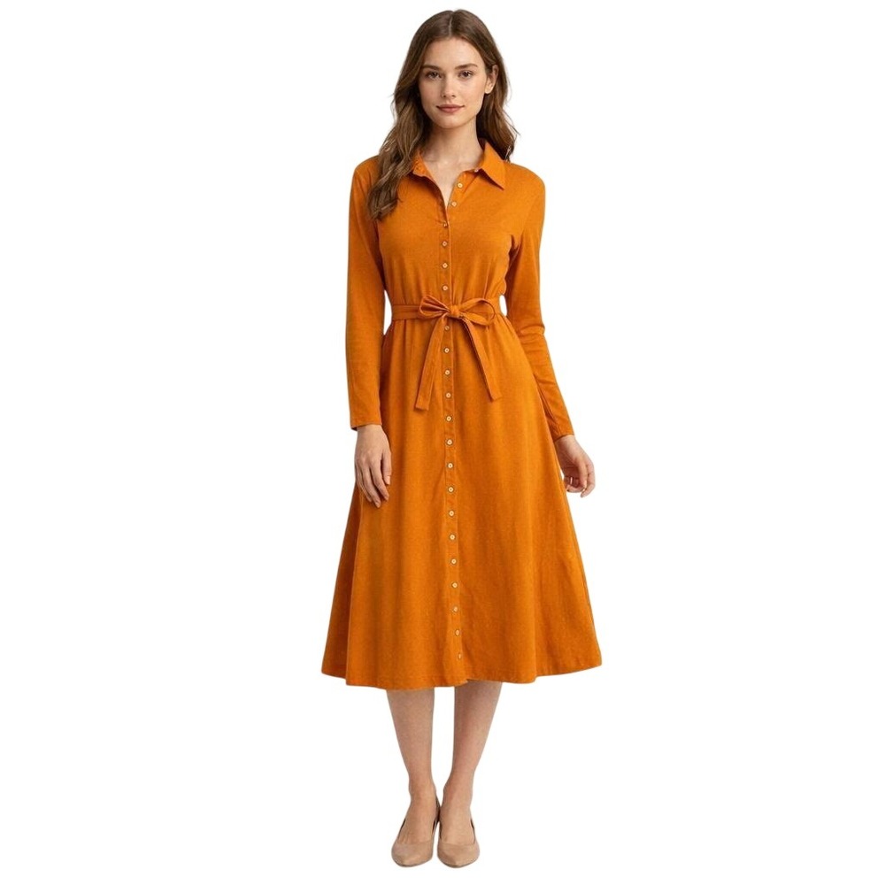 Vintage 70s Sears JR Bazaar Orange Button Front Belt Collared Dress Classic Chic